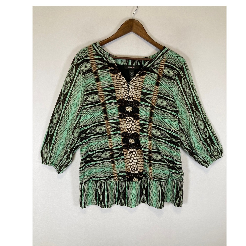 Boho Style & Co Women‎ XL Green Ikat Snake Print Mesh 3/4 Sleeve Layered Blouse